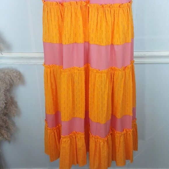 LDT Daphne pink/ yellow color block V-neck and back tiered skirt maxi dress - Picture 11 of 15